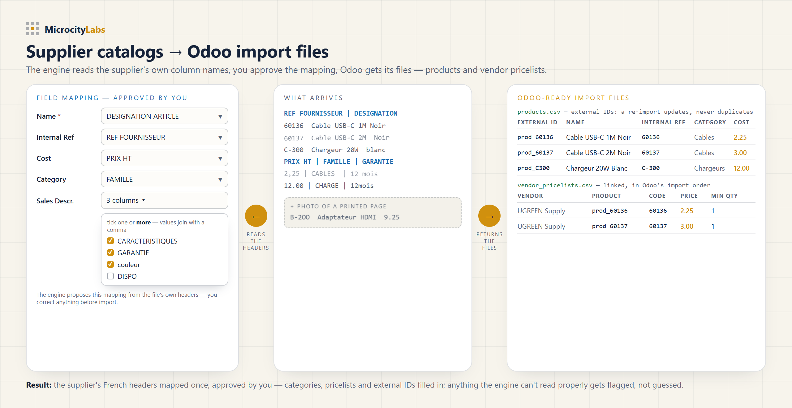 A messy supplier catalog converted to Odoo import files: products.csv with external IDs and vendor_pricelists.csv
