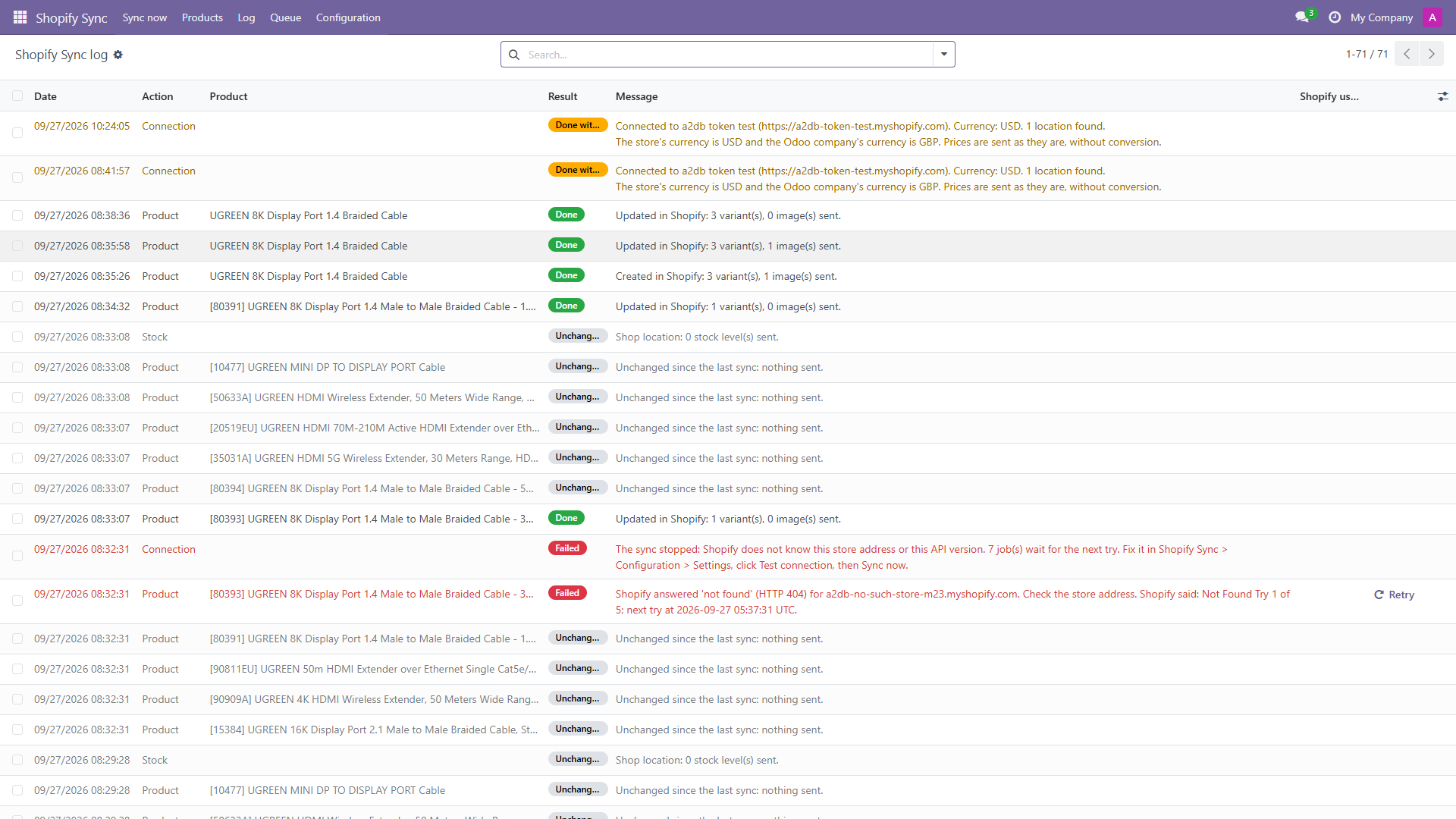 The Shopify Sync log in Odoo: Done, Unchanged and Failed lines with Shopify's own error text and a Retry button on the failed product