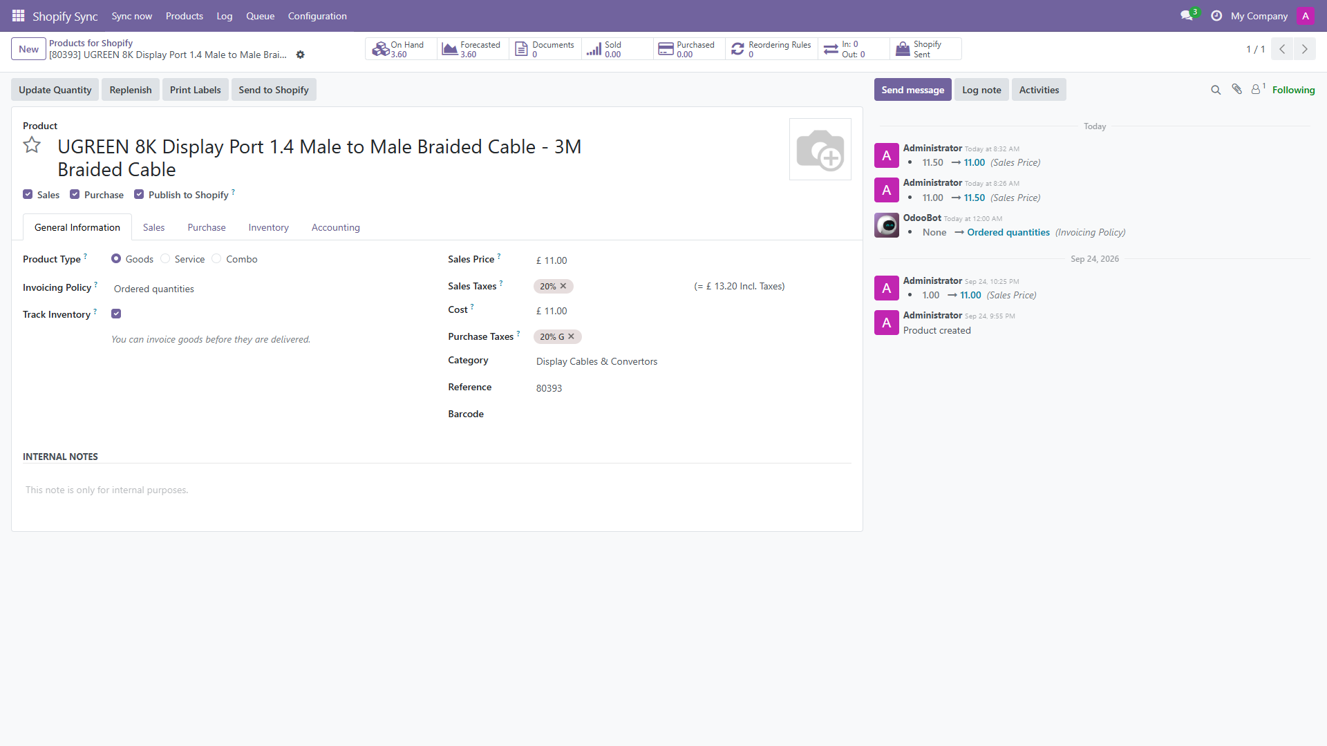 An Odoo product form with the Publish to Shopify tick, the Send to Shopify button and the Shopify button showing Sent