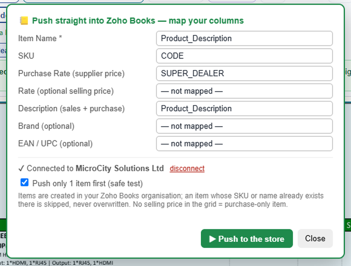 Anything to Database studio: the Push straight into Zoho Books dialog with the column mapping, the connected organisation and the one-item safe test